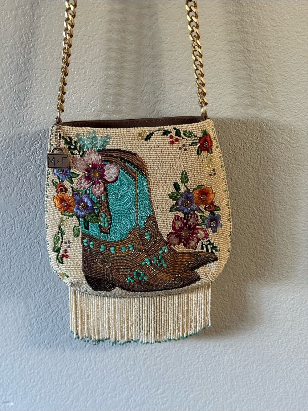 Mary Frances Beaded Cowboy Boot Fringe Crossbody Bag - Turquoise Floral